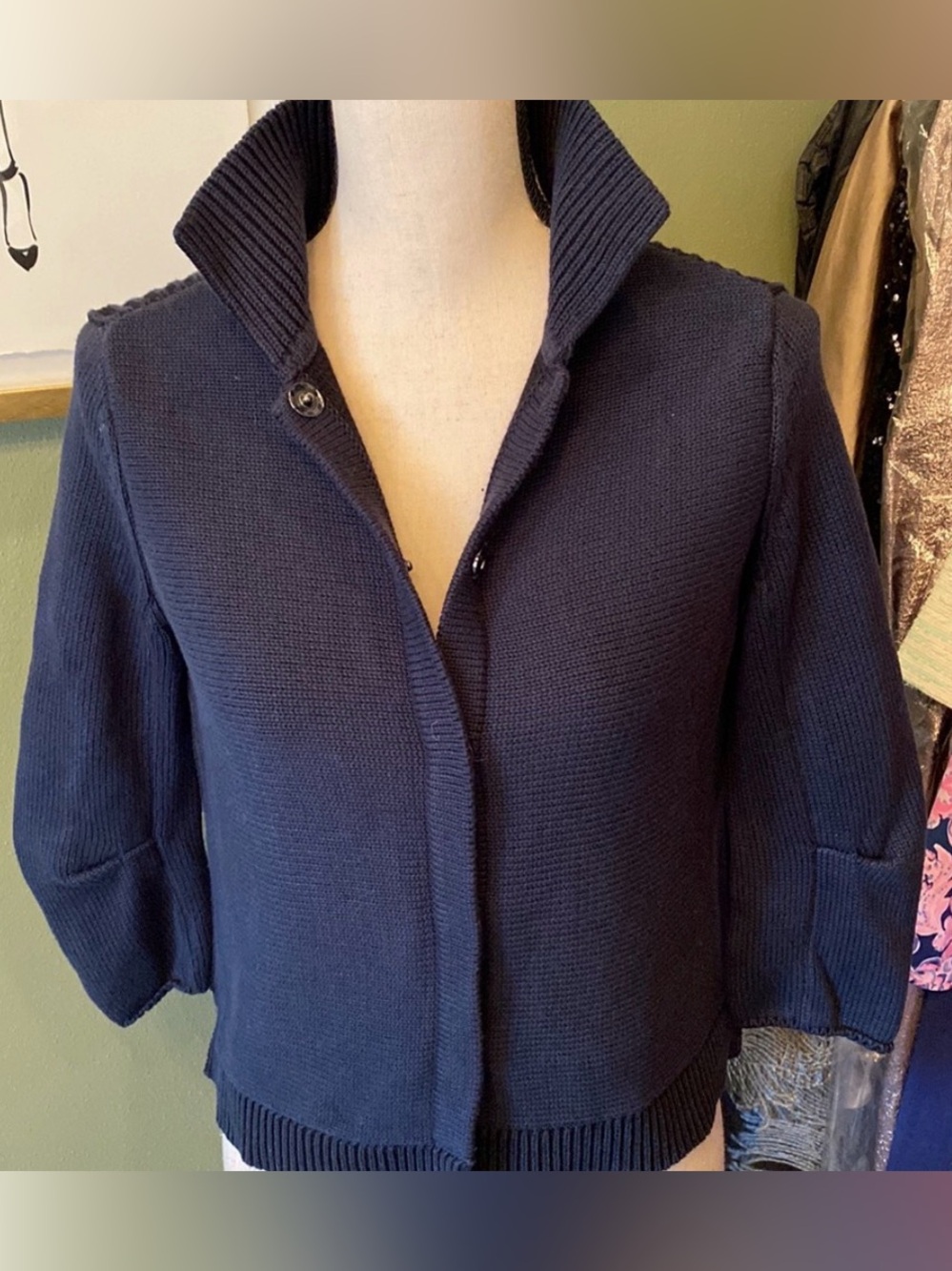 CABI navy blue snap front cardigan XS
